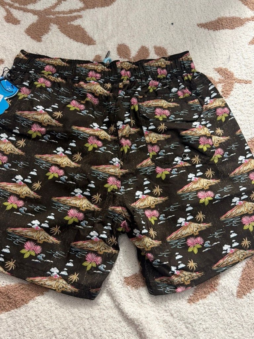 Men's Black Tropical Print Swim Trunks